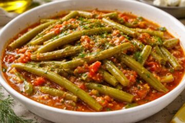 fasole verde cu roșii, ulei de măsline și mărar