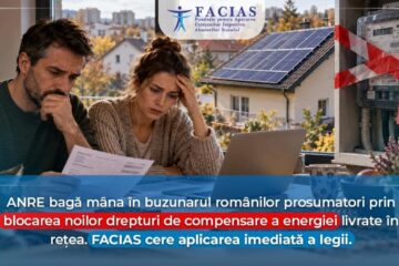 ANRE bagă mâna în buzunarul românilor prosumatori prin blocarea noilor drepturi de compensare a energiei livrate în rețea. FACIAS cere aplicarea imediată a legii