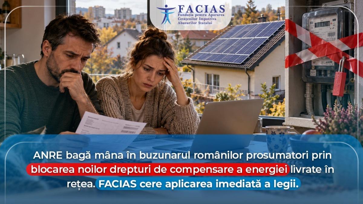 ANRE bagă mâna în buzunarul românilor prosumatori prin blocarea noilor drepturi de compensare a energiei livrate în rețea. FACIAS cere aplicarea imediată a legii